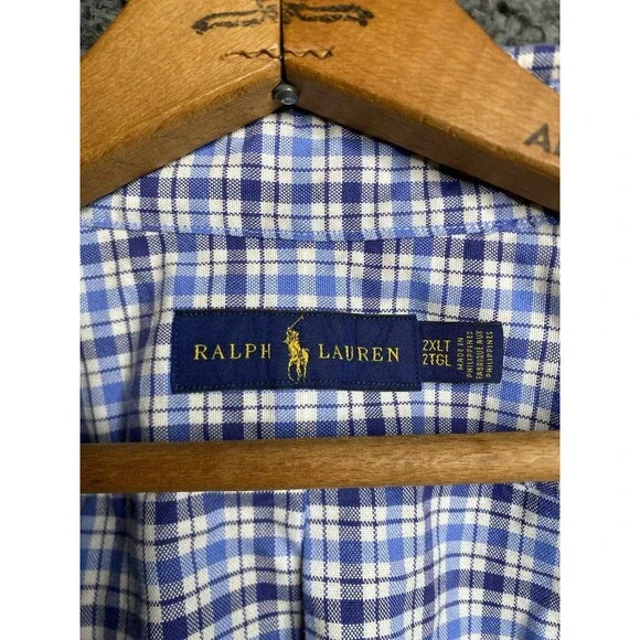 Polo Ralph Lauren Shirt Mens 2XLT Tall Blue Plaid Oxford Button Up Flesh Pony - Picture 4 of 16